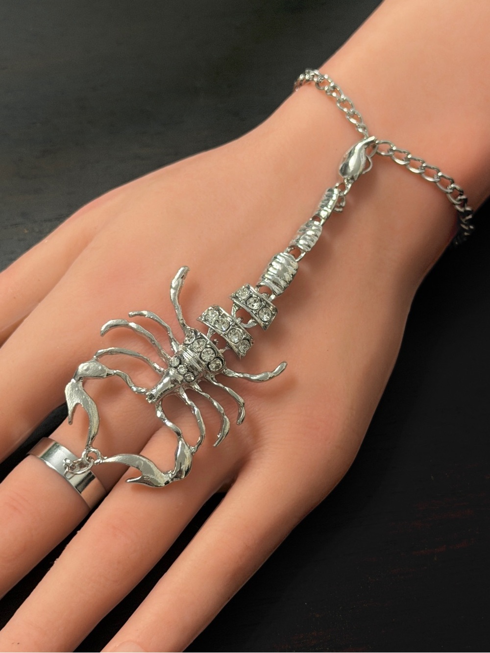 Silver Scorpion Hand Chain Bracelet ring